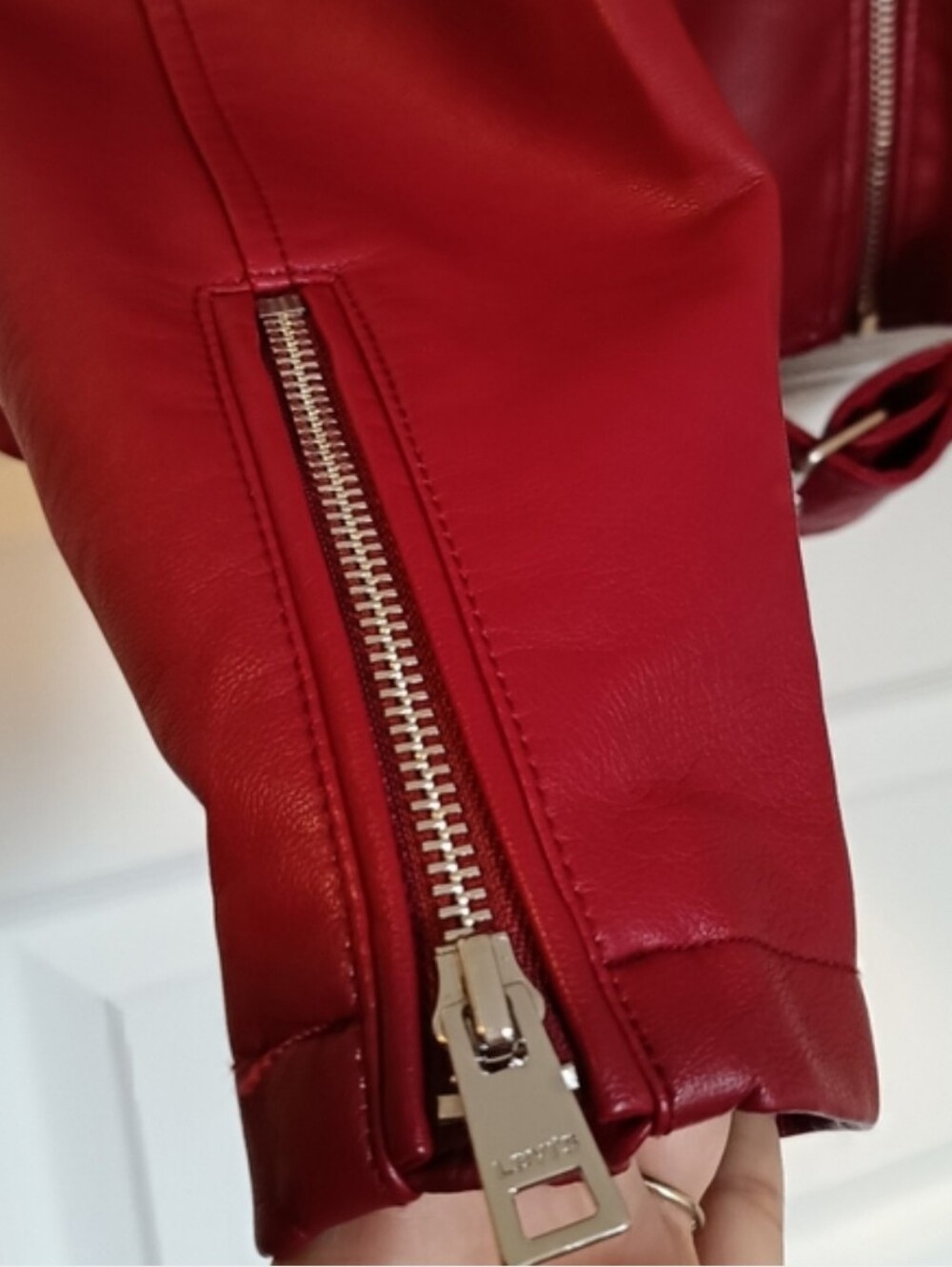 Levi's Red Faux Leather Moto Cropped Jacket with Asymmetrical Zip - Picture 8 of 10